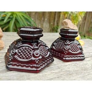 2 Vintage Avon 1876 Cape Cod Collection Ruby Red Glass Candlestick Holders